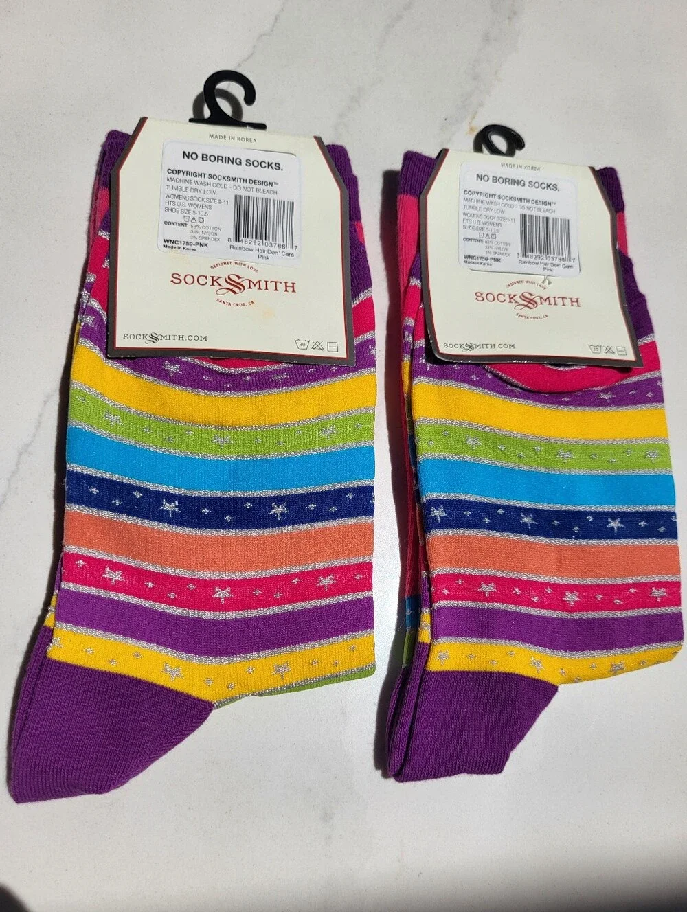 NWT Two Pairs of SockSmith Graphic Cotton Crew Socks Rainbow Hair Don' Care Pink